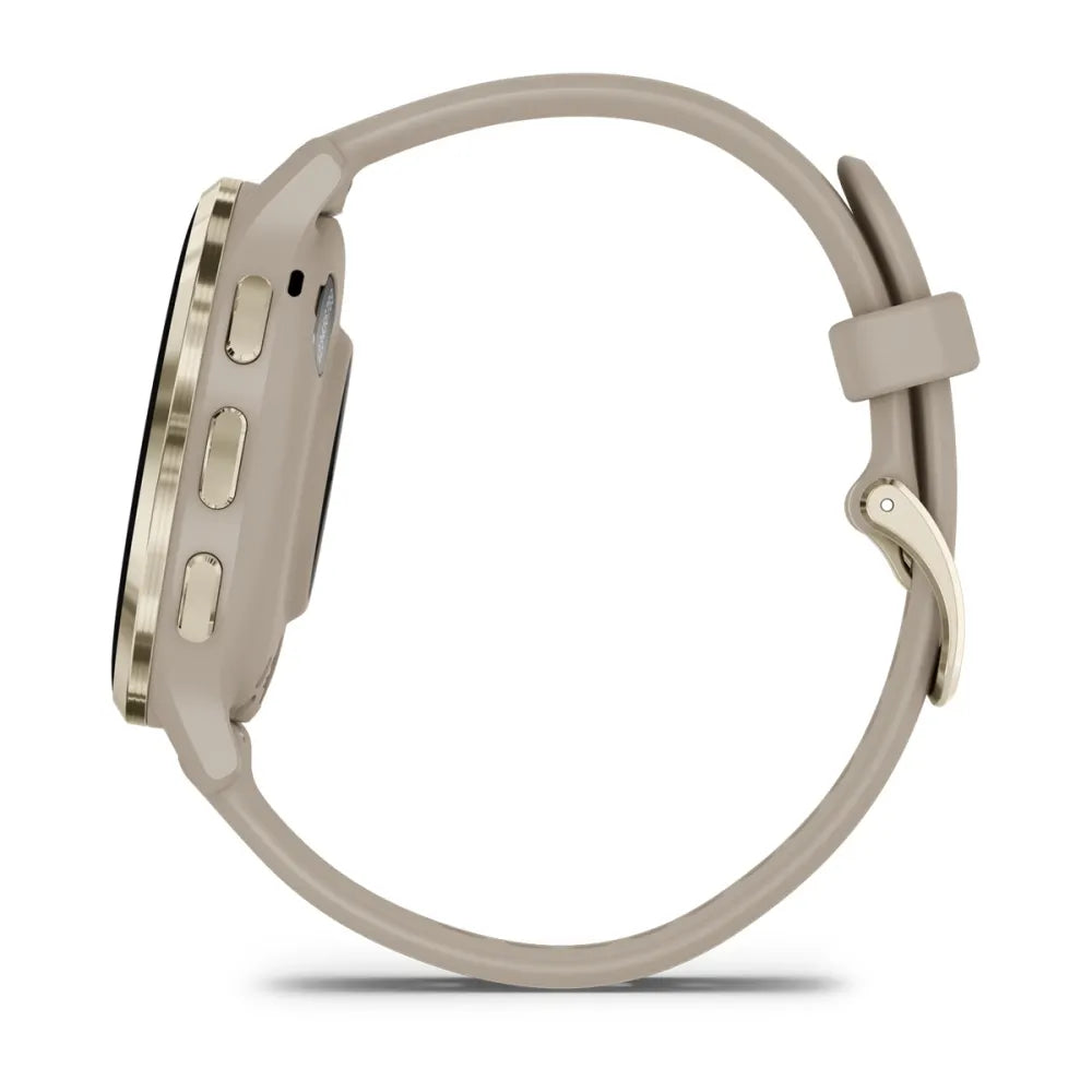 Side view of the Garmin Venu 3S smartwatch, showcasing its sleek design and buttons.