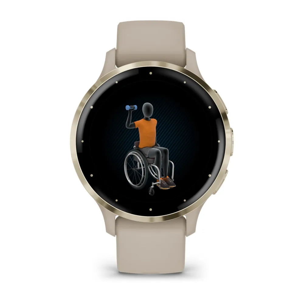 Garmin Venu 3S smartwatch displaying an animated figure in a wheelchair lifting a dumbbell.