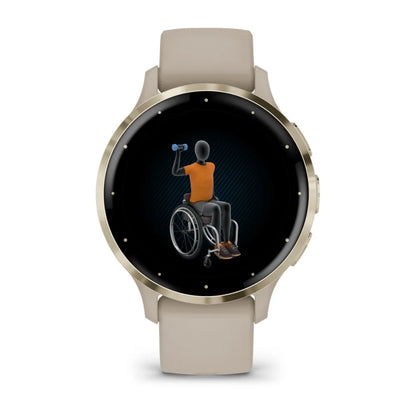 Garmin Venu 3S smartwatch displaying an animated figure in a wheelchair lifting a dumbbell.