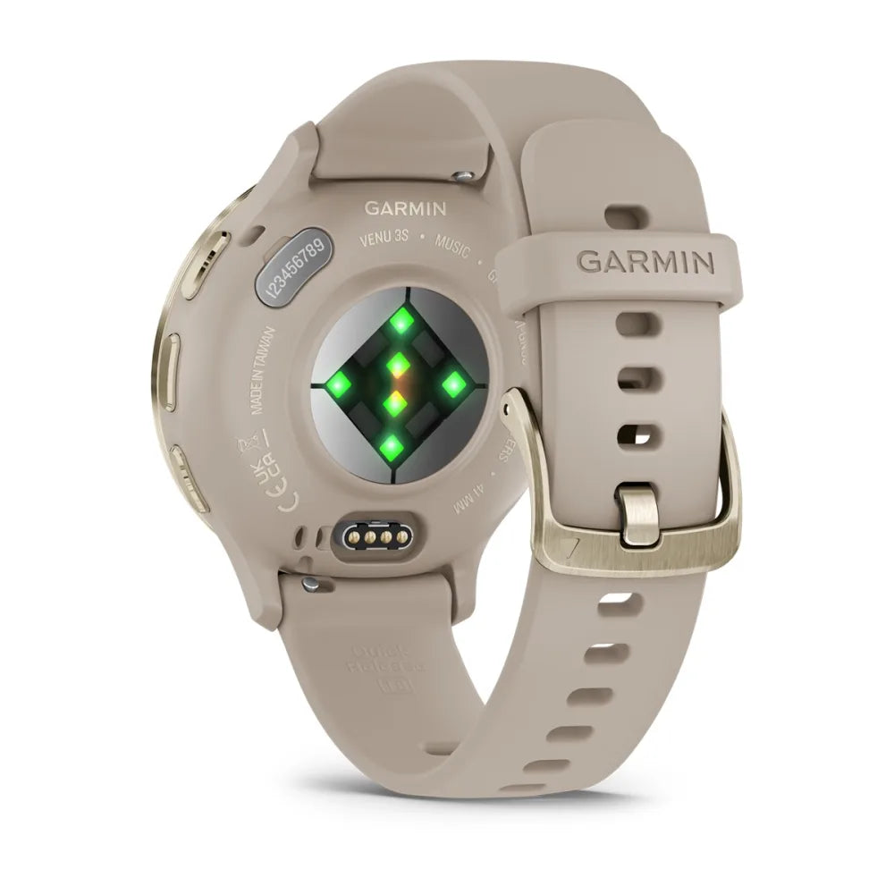 Back view of the Garmin Venu 3S smartwatch, showcasing its sensors and beige strap.