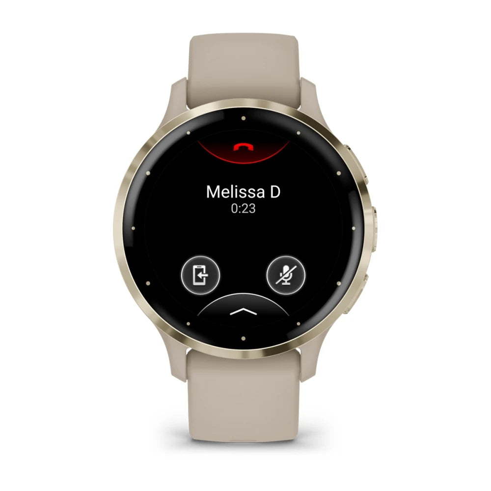 Garmin Venu 3S smartwatch displaying a call interface with the name 'Melissa D' and a timer showing 0:23.