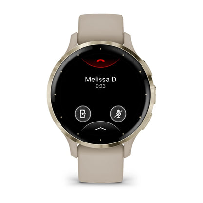 Garmin Venu 3S smartwatch displaying a call interface with the name 'Melissa D' and a timer showing 0:23.