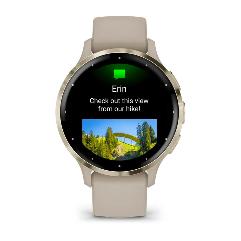Garmin Venu 3S smartwatch displaying a message from Erin with a photo of a scenic view from a hike.