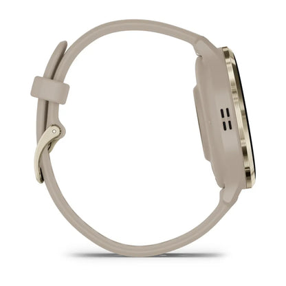 Side view of the Garmin Venu 3S smartwatch with a beige strap and sleek design.