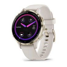 Garmin Venu 3S smartwatch with a black and purple display, showing the date and various icons, on a white strap.