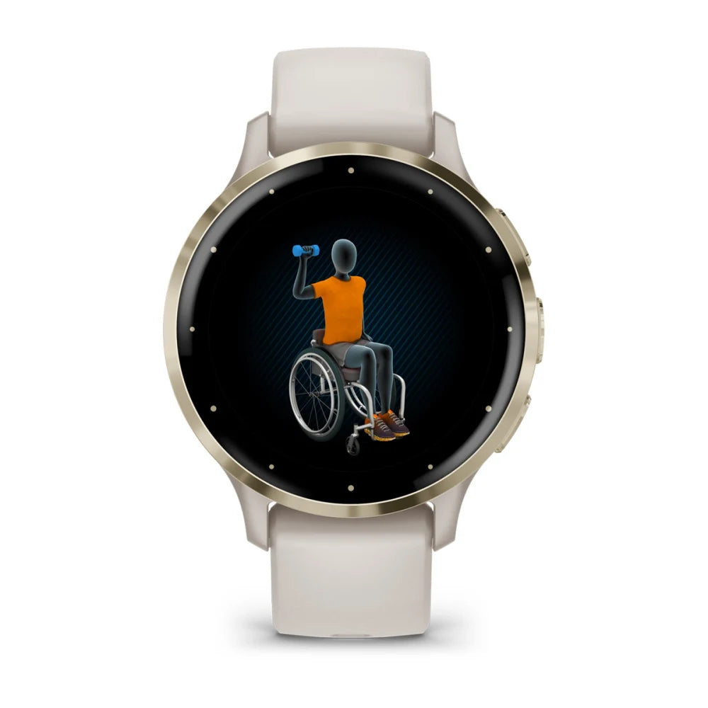 Garmin Venu 3S smartwatch displaying an illustration of a person in a wheelchair lifting a dumbbell.
