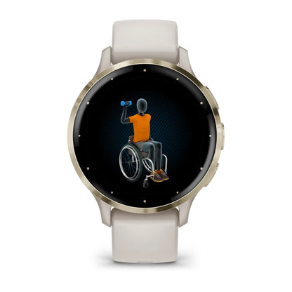 Garmin Venu 3S smartwatch displaying an illustration of a person in a wheelchair lifting a dumbbell.