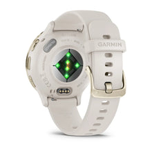 Back view of the Garmin Venu 3S smartwatch showing the heart rate sensor and white strap.