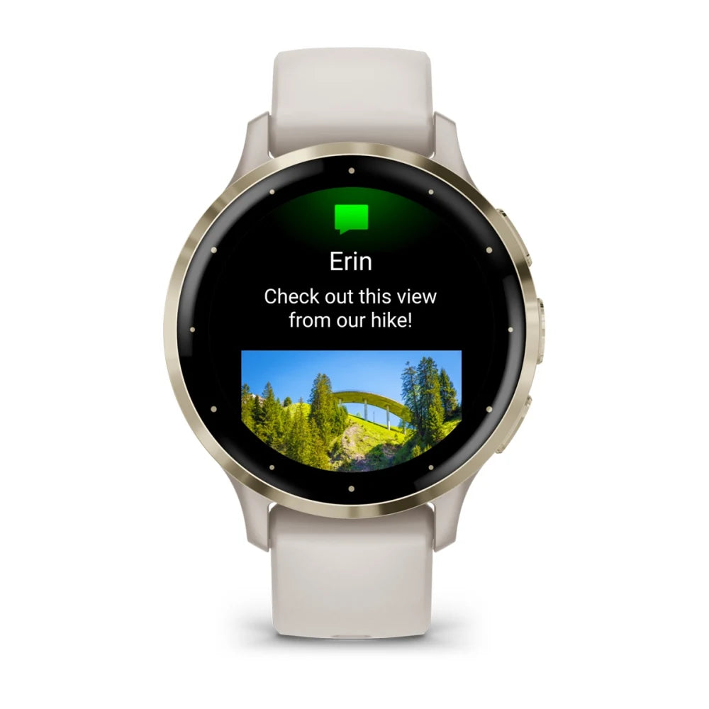 Garmin Venu 3S smartwatch displaying a message from Erin with a photo of a scenic view from a hike.