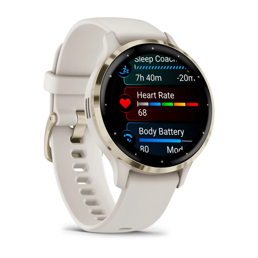 Garmin Venu 3S smartwatch displaying heart rate and body battery metrics on a black screen with a white strap.