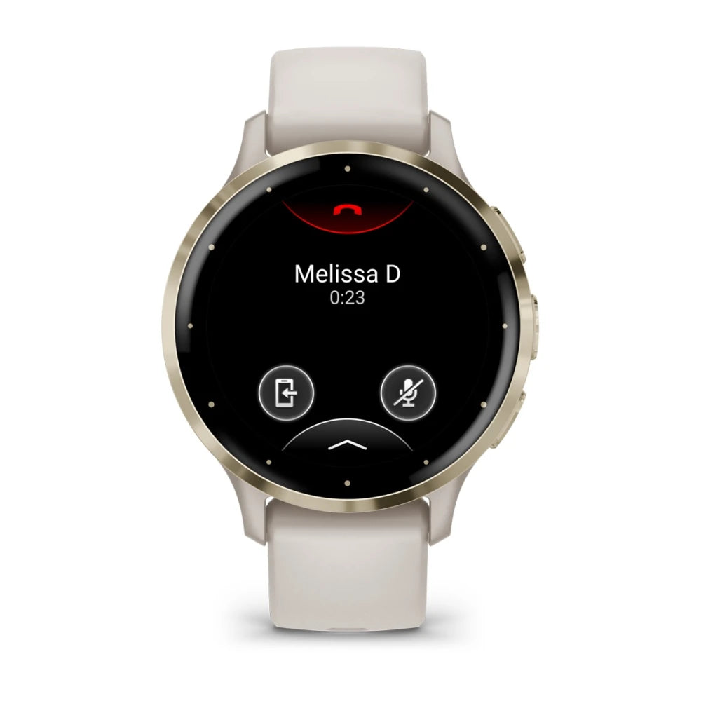 Garmin Venu 3S smartwatch displaying a call interface with the name Melissa D and a timer showing 0:23.