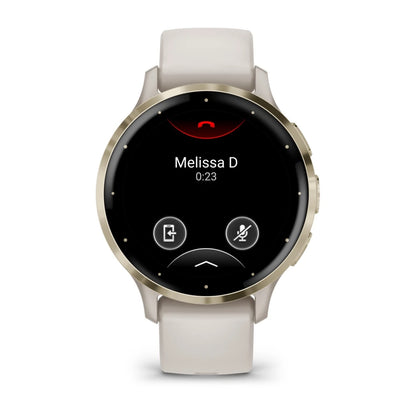 Garmin Venu 3S smartwatch displaying a call interface with the name Melissa D and a timer showing 0:23.