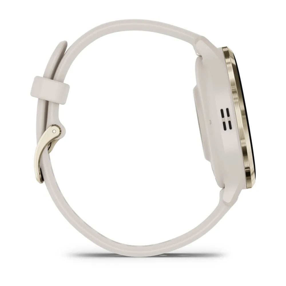 Side view of the Garmin Venu 3S smartwatch featuring a white strap and a sleek design.