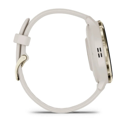 Side view of the Garmin Venu 3S smartwatch featuring a white strap and a sleek design.