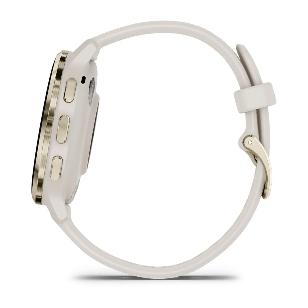 Garmin Venu 3S smartwatch shown from the side, featuring a sleek design with buttons and a light-colored strap.
