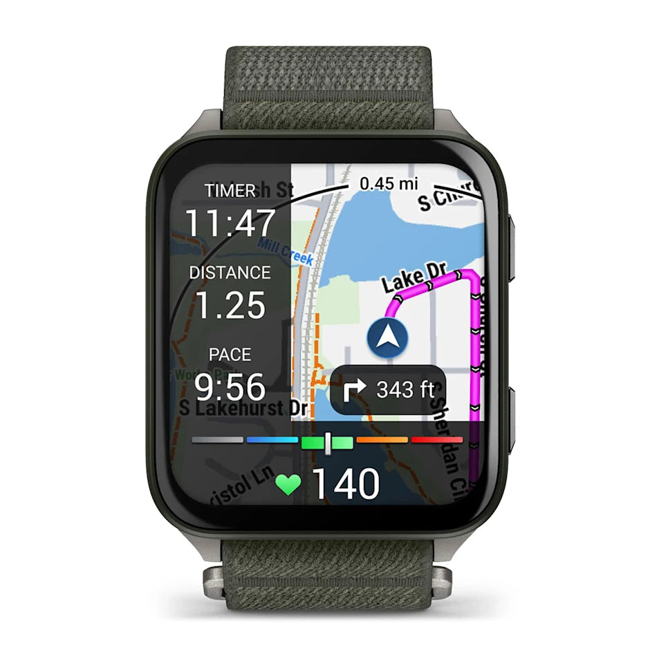 Garmin Venu X1 Moss – angled profile of green case