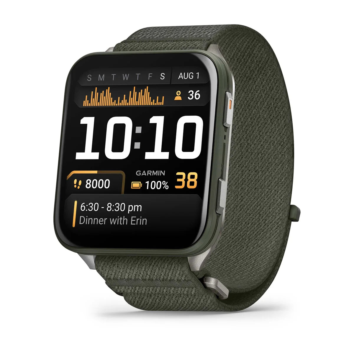 Garmin Venu X1 Moss – button and bezel close-up