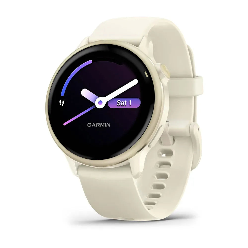 Garmin vívoactive 6 Lunar Gold/Bone – straight-on dial with metrics