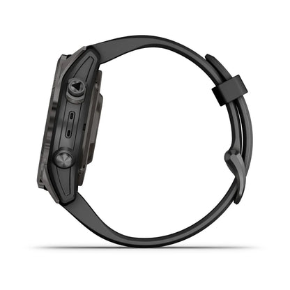 Garmin epix Pro (Gen 2) Sapphire Edition smartwatch viewed from the side, showcasing its sleek design and buttons.