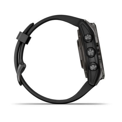 Side view of the Garmin epix Pro (Gen 2) Sapphire Edition smartwatch, showcasing its sleek design and three control buttons.