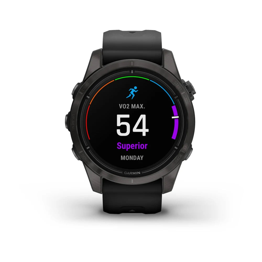 Garmin epix Pro (Gen 2) Sapphire Edition smartwatch displaying VO2 Max score of 54, labeled as Superior for Monday.