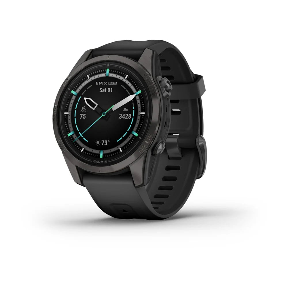 Garmin epix Pro (Gen 2) Sapphire Edition smartwatch displaying time, date, and fitness metrics on a black background.