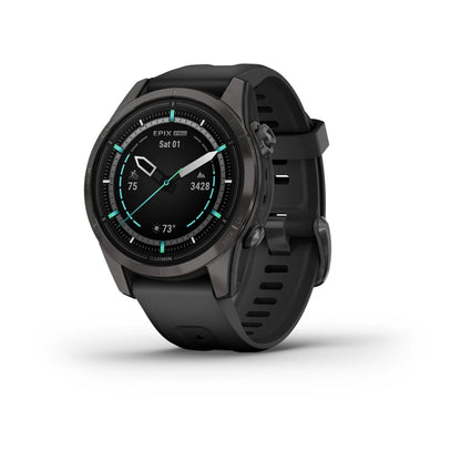 Garmin epix Pro (Gen 2) Sapphire Edition smartwatch displaying time, date, and fitness metrics on a black background.