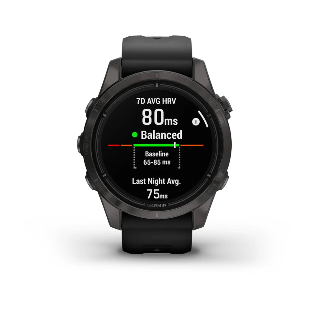 Garmin epix Pro (Gen 2) Sapphire Edition smartwatch displaying health metrics, including 7-day average heart rate variability of 80 ms, balanced status, and last night average of 75 ms.