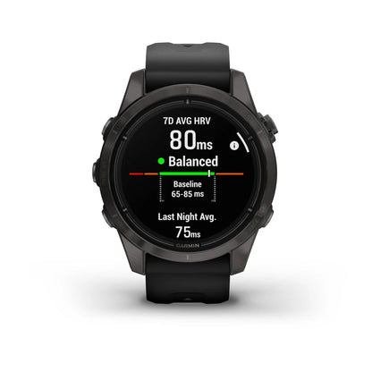Garmin epix Pro (Gen 2) Sapphire Edition smartwatch displaying health metrics, including 7-day average heart rate variability of 80 ms, balanced status, and last night average of 75 ms.