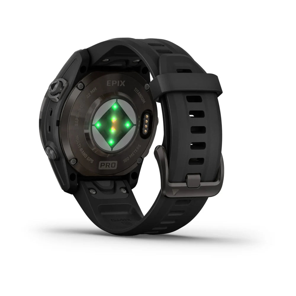 Garmin epix Pro (Gen 2) Sapphire Edition smartwatch showing the back with green sensors and a black silicone strap.