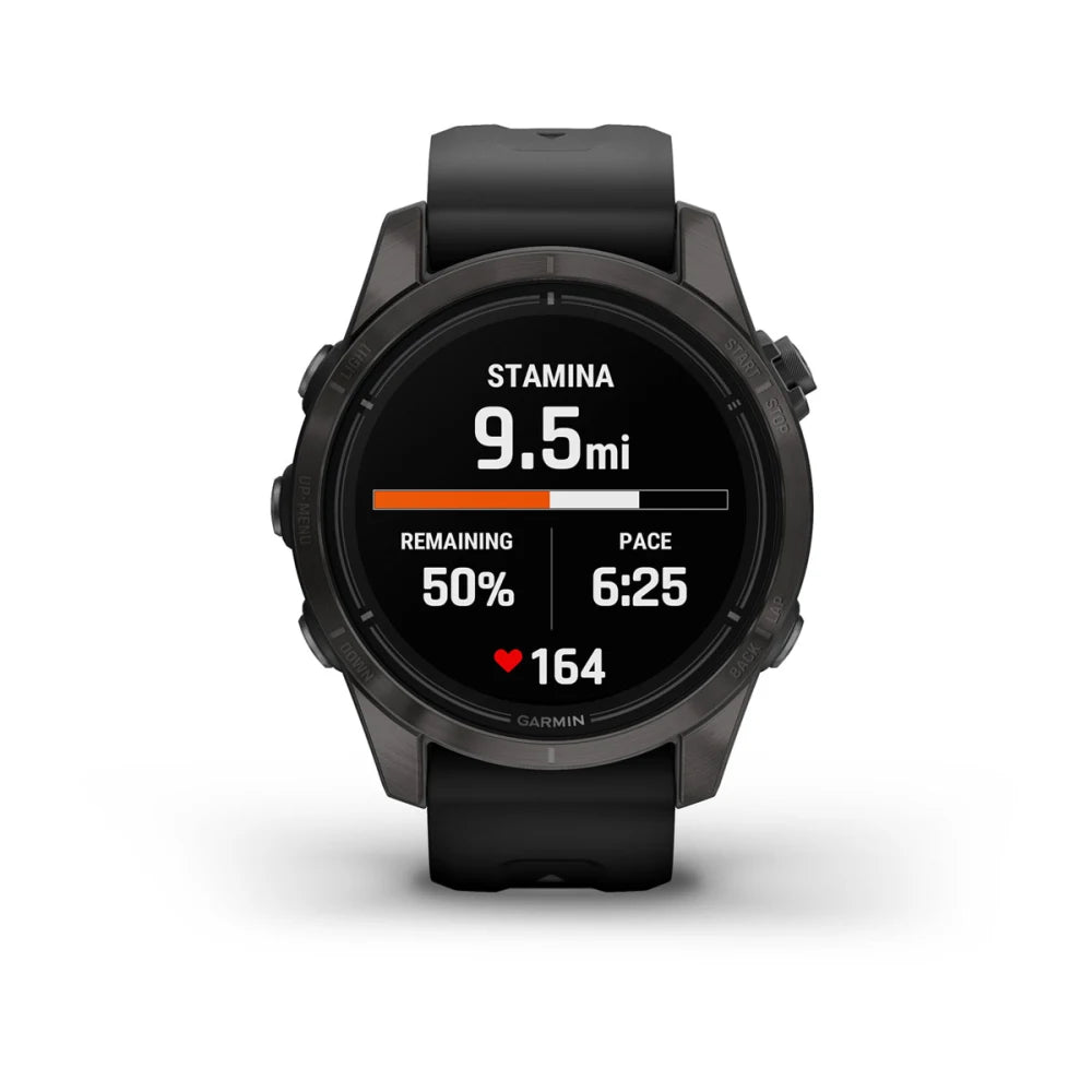 Garmin epix Pro (Gen 2) Sapphire Edition smartwatch displaying stamina, remaining distance of 9.5 miles, pace of 6:25, and heart rate of 164.