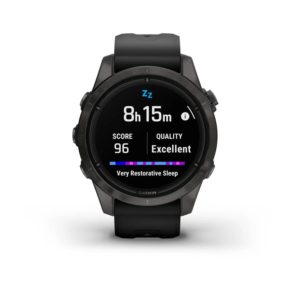 Garmin epix Pro (Gen 2) Sapphire Edition smartwatch displaying sleep tracking data, showing 8 hours and 15 minutes of sleep with a score of 96 and quality rated as excellent.