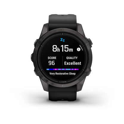 Garmin epix Pro (Gen 2) Sapphire Edition smartwatch displaying sleep tracking data, showing 8 hours and 15 minutes of sleep with a score of 96 and quality rated as excellent.