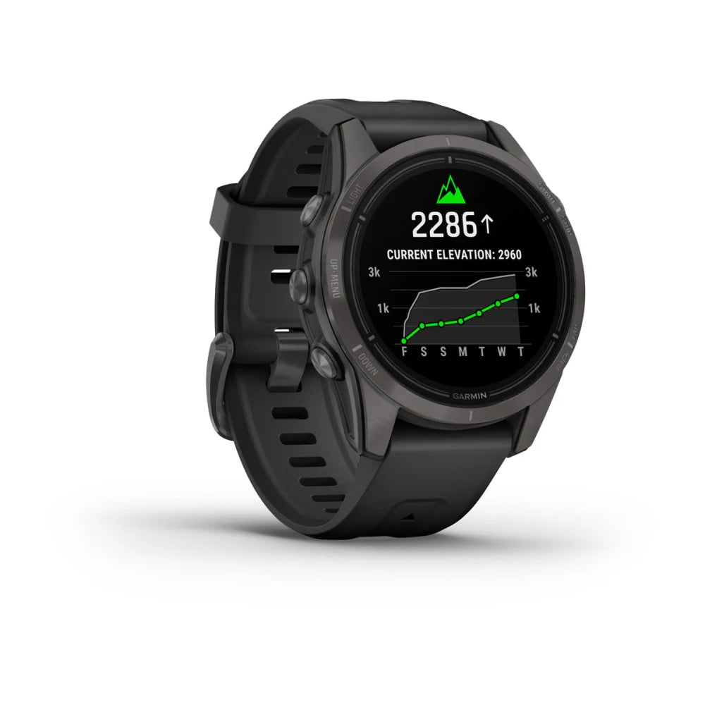 Garmin epix Pro (Gen 2) Sapphire Edition smartwatch displaying current elevation data and a graph on the screen.