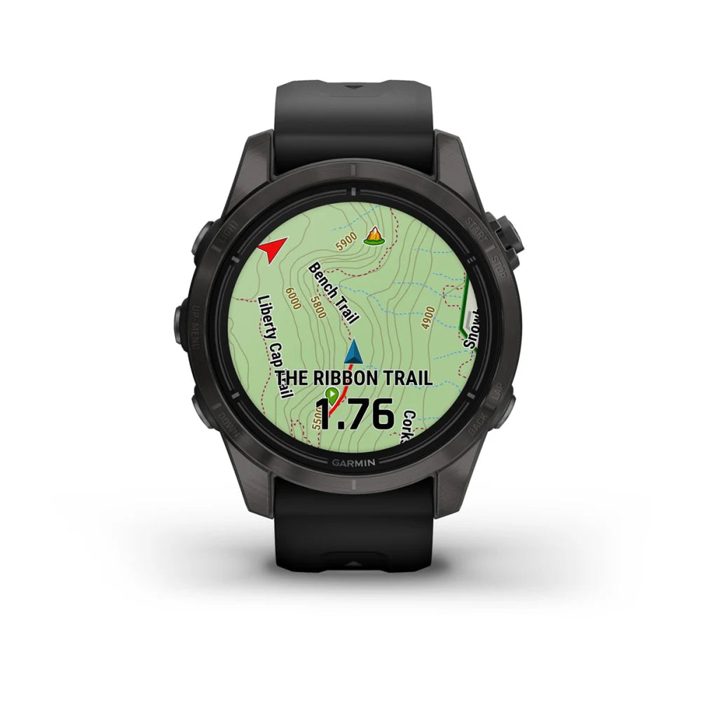 Garmin epix Pro (Gen 2) Sapphire Edition smartwatch displaying a map of The Ribbon Trail with navigation indicators.