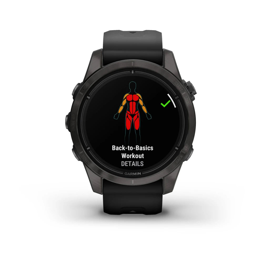 Garmin epix Pro (Gen 2) Sapphire Edition smartwatch displaying a 'Back-to-Basics Workout' screen with a graphic of a human figure highlighted in red and yellow.