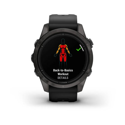 Garmin epix Pro (Gen 2) Sapphire Edition smartwatch displaying a 'Back-to-Basics Workout' screen with a graphic of a human figure highlighted in red and yellow.