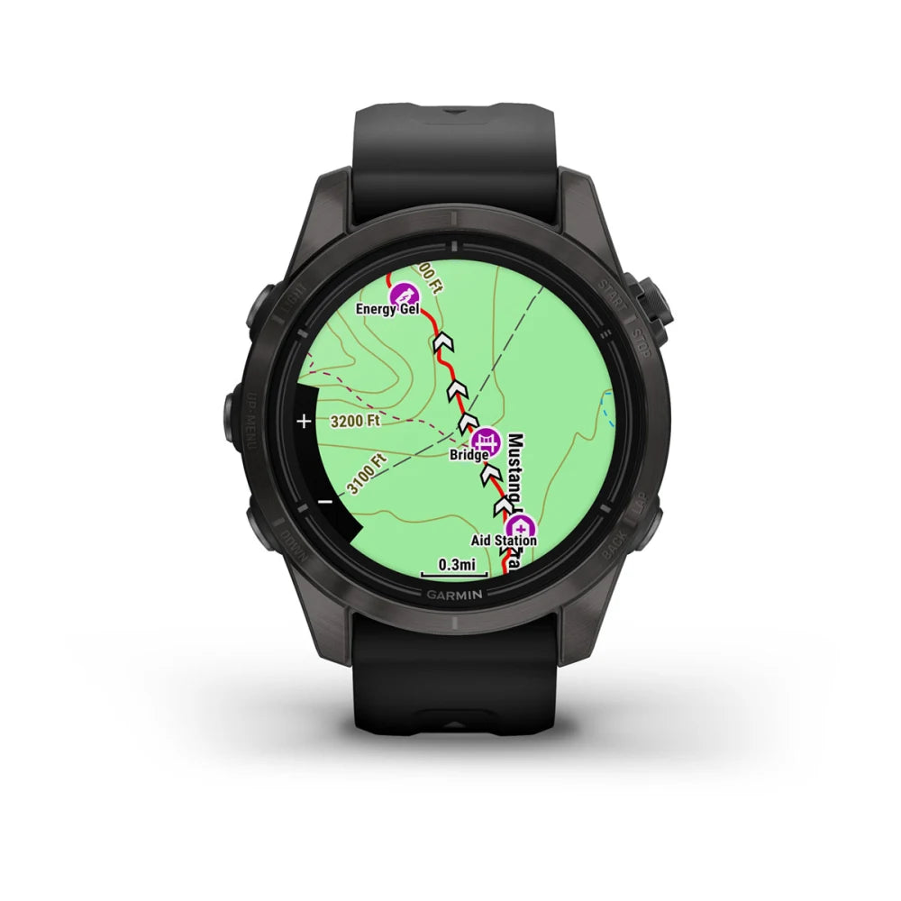 Garmin epix Pro (Gen 2) Sapphire Edition smartwatch displaying a detailed map with points of interest such as energy gel stations and bridges.