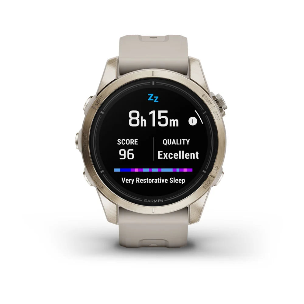 Garmin epix Pro (Gen 2) Sapphire Edition smartwatch displaying sleep data with a score of 96 and quality rated as excellent, showing 8 hours and 15 minutes of restorative sleep.