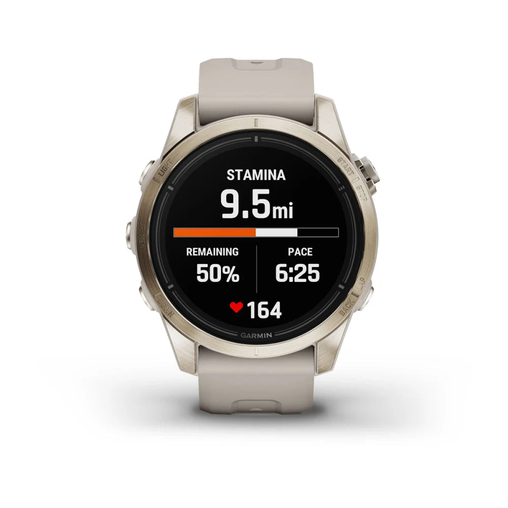 Garmin epix Pro (Gen 2) Sapphire Edition smartwatch displaying stamina metrics with 9.5 miles remaining, 50% stamina, pace of 6:25, and heart rate of 164.