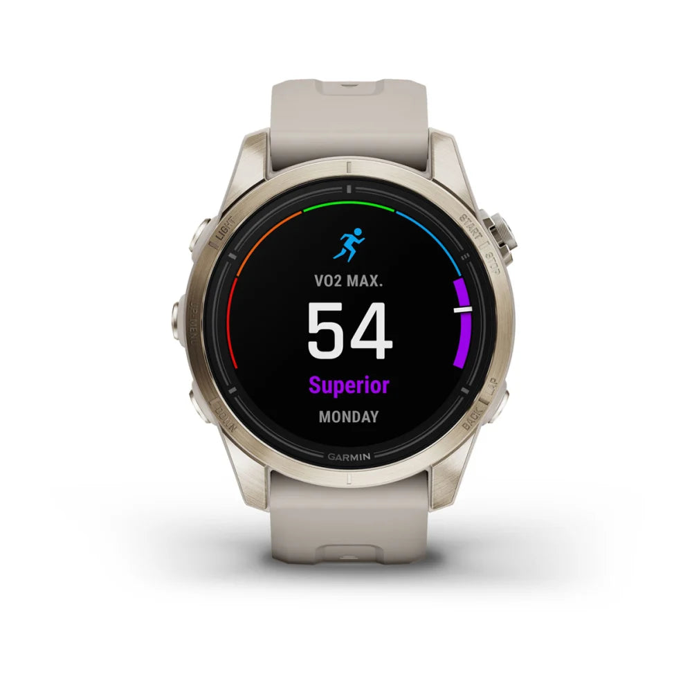 Garmin epix Pro (Gen 2) Sapphire Edition smartwatch displaying VO2 Max score of 54 with a 'Superior' rating on a black screen.