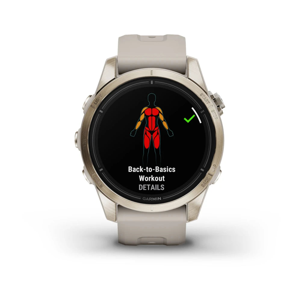Garmin epix Pro (Gen 2) Sapphire Edition displaying a Back-to-Basics Workout screen with a graphic of a human figure highlighting muscle areas.