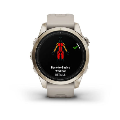 Garmin epix Pro (Gen 2) Sapphire Edition displaying a Back-to-Basics Workout screen with a graphic of a human figure highlighting muscle areas.