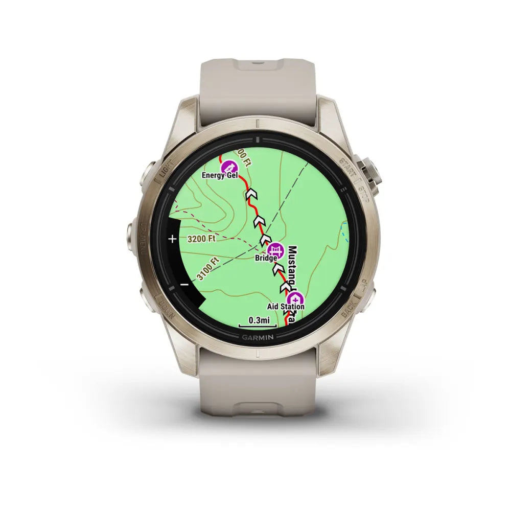 Garmin epix Pro (Gen 2) Sapphire Edition displaying a detailed map with markers for energy gels, a bridge, and an aid station.