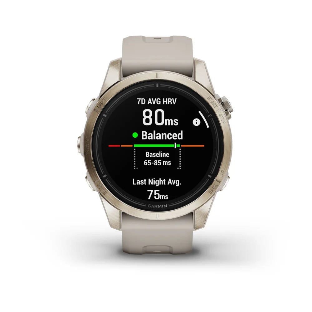 Garmin epix Pro (Gen 2) Sapphire Edition smartwatch displaying health metrics including 7-day average heart rate variability, with a reading of 80ms and indicating a balanced status.