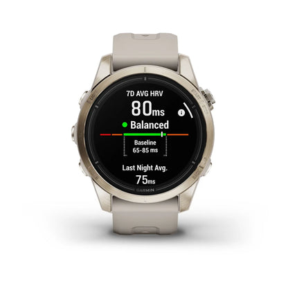 Garmin epix Pro (Gen 2) Sapphire Edition smartwatch displaying health metrics including 7-day average heart rate variability, with a reading of 80ms and indicating a balanced status.