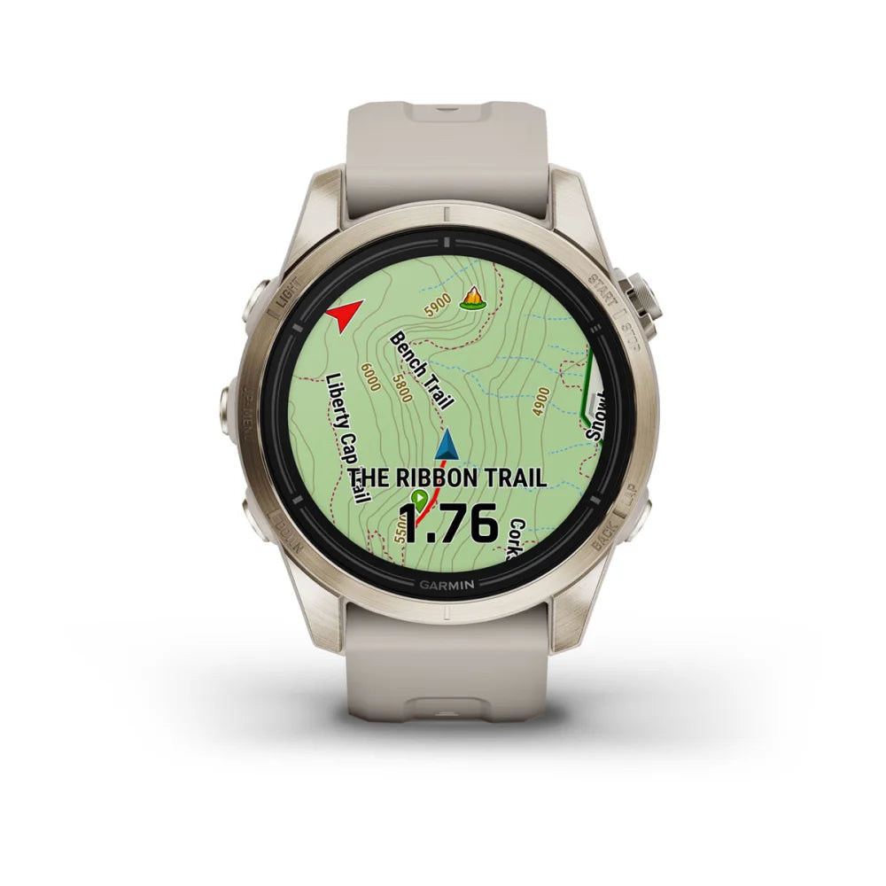 Garmin epix Pro (Gen 2) Sapphire Edition smartwatch displaying a map of the Ribbon Trail with navigation details.