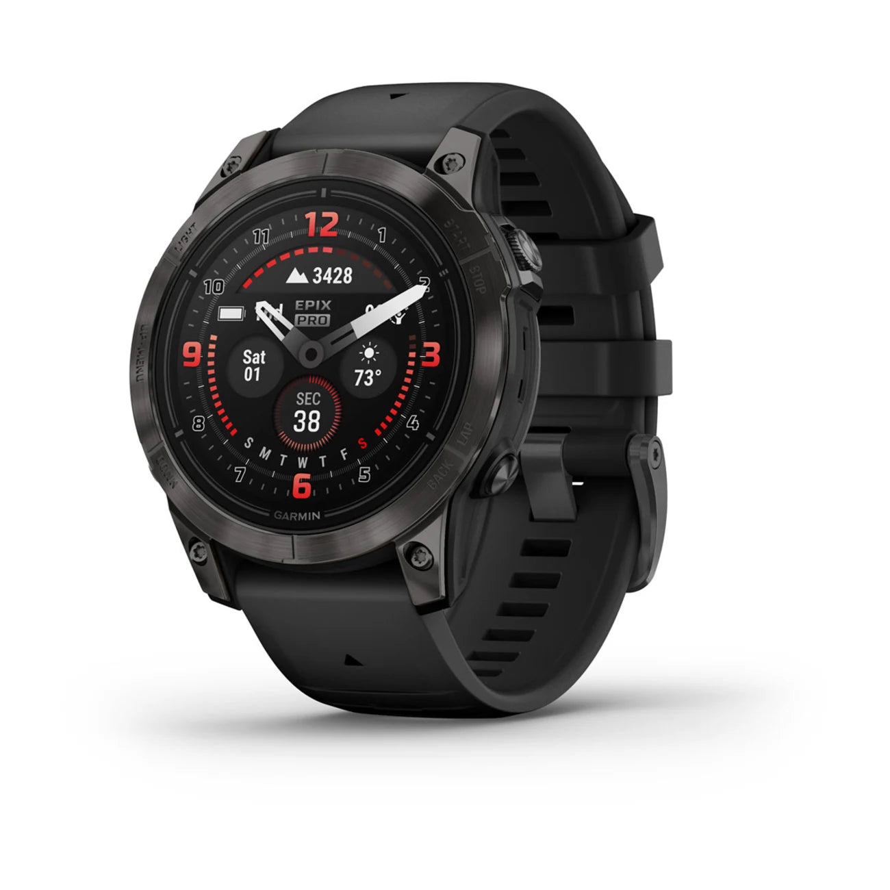 Garmin epix Pro (Gen 2) Sapphire Edition smartwatch with a black strap, displaying a digital watch face featuring time, date, and weather information.