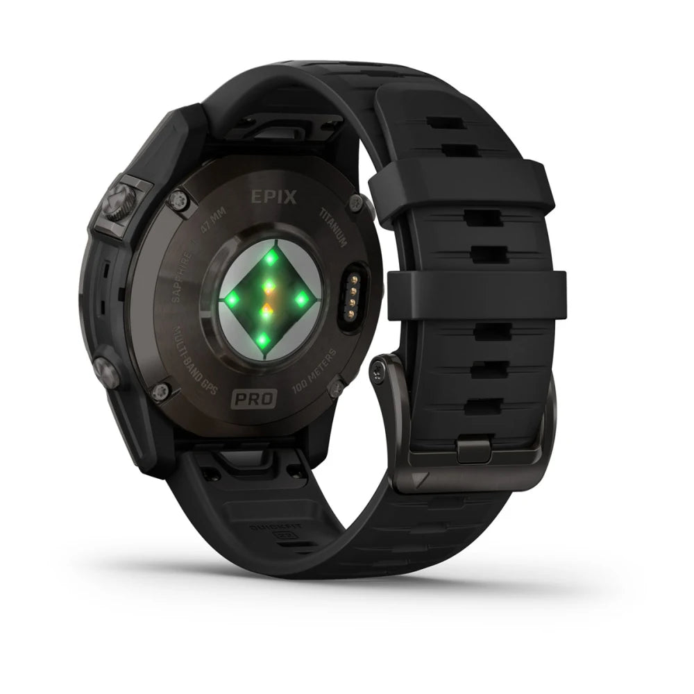 Back view of the Garmin epix Pro (Gen 2) Sapphire Edition smartwatch, showcasing its sleek design and heart rate sensors.