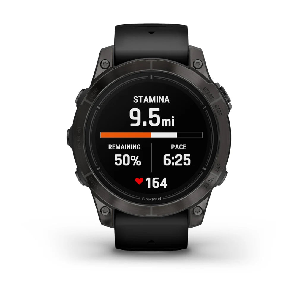 Garmin epix Pro (Gen 2) Sapphire Edition smartwatch displaying stamina metrics, including distance of 9.5 miles, remaining stamina at 50%, pace of 6:25, and heart rate of 164.